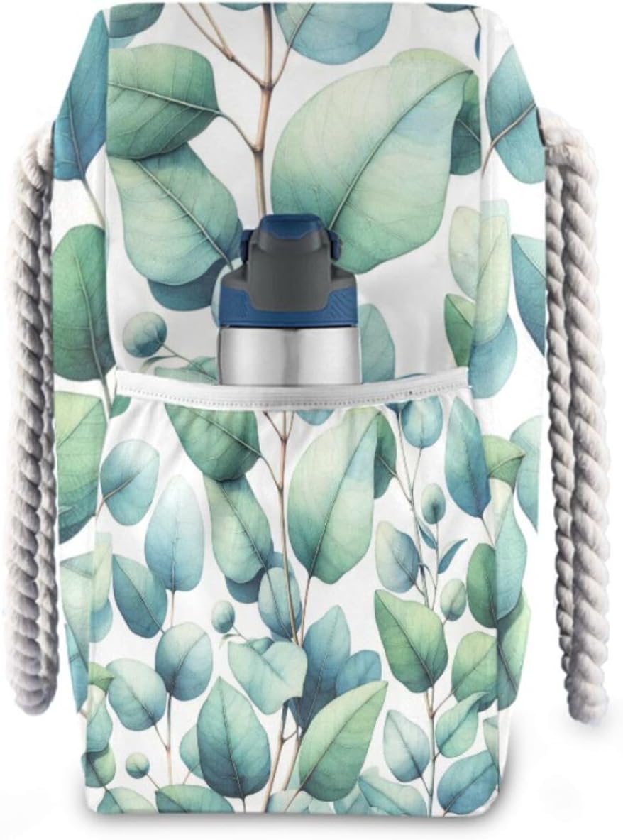 OTVEE Watercolor Eucalyptus Pattern Beach Bags for Women Ladies Large Canvas Tote Shoulder Bag Waterproof Travel Bags for Gym Swim Pool Camping