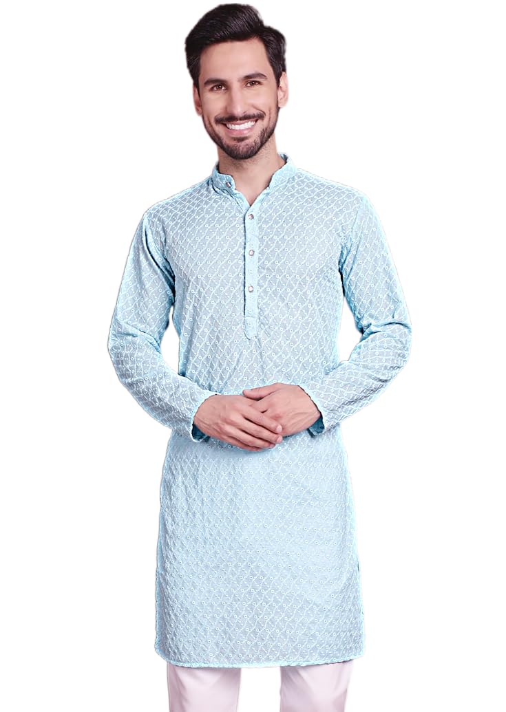 Jompers Chikankari Pure Cotton Kurtas for Men (Sky, L)