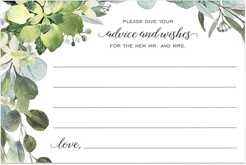 Tarjetas de consejos y deseos de vegetación exuberante para la novia y el novio, 50 tarjetas de notas de consejos matrimoniales, tarjetas de