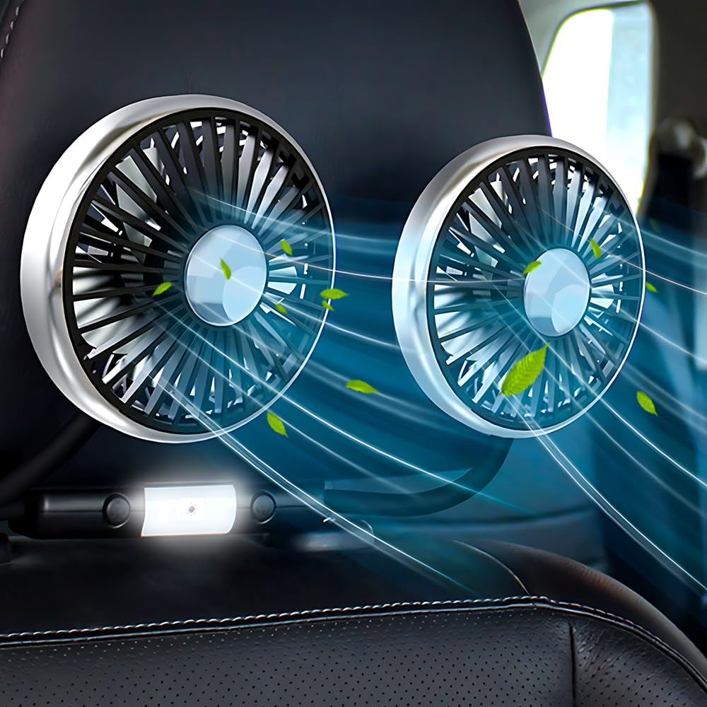 Ventilateur de voiture pour siège arrière, double tête, 12 V, rotation à 360 °, USB, avec 3 vitesses et 2 niveaux de luminosité, lumière LED pour camion, camionnette, SUV