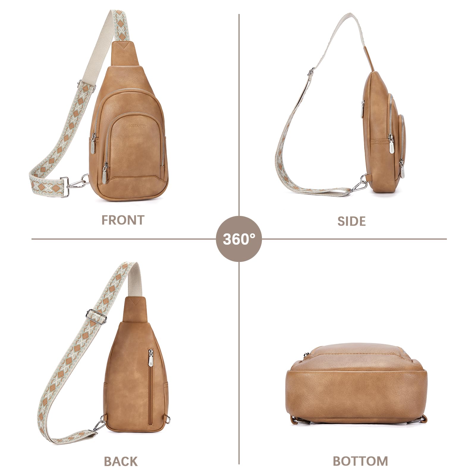 BOSTANTEN Sling Bag for Women Leather Crossbody Bag Vintage Cross Body Purse for Travel with Guitar Strap, Bohemian Style: Camel Brown