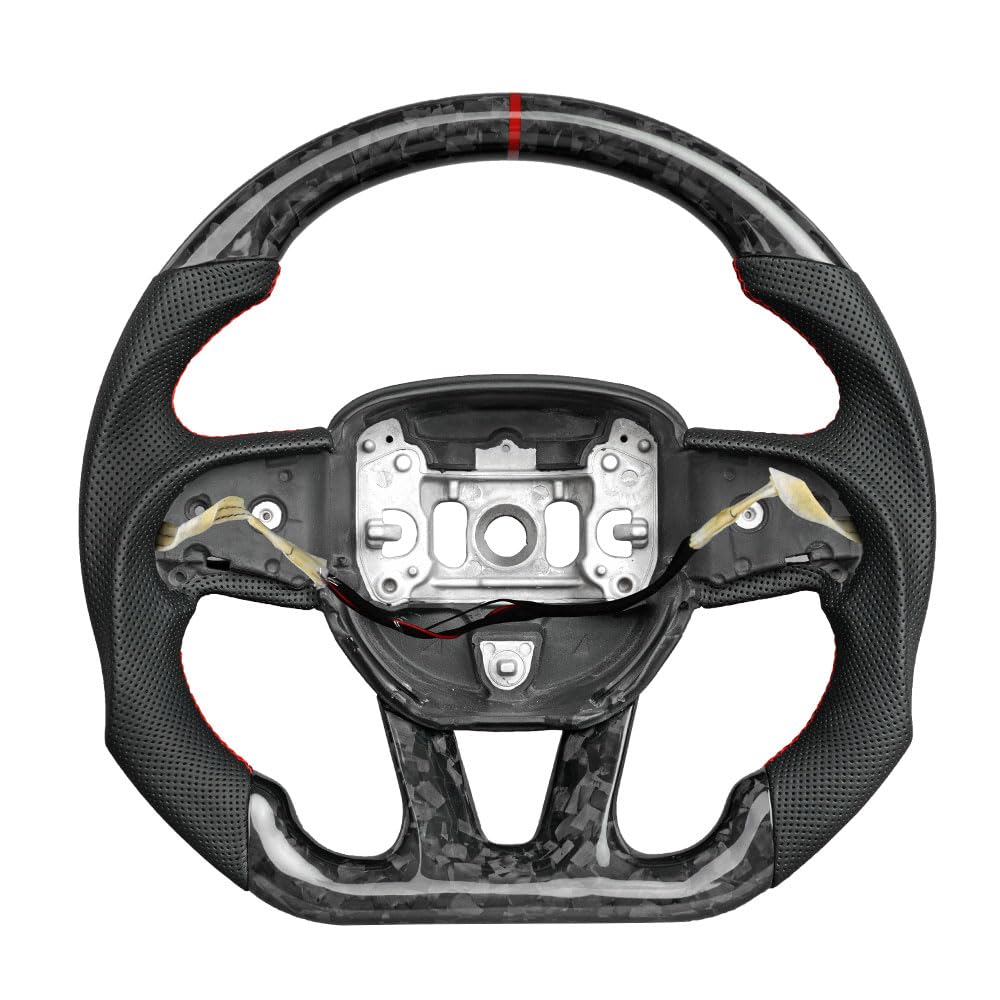 JIANGGAI D-shaped Flat-bottom Steering Wheel with Heated, Preforated Leather Grip Forged Carbon Fiber Steering Wheel Compatible with Dodge Challenger/Charger 2015-2020