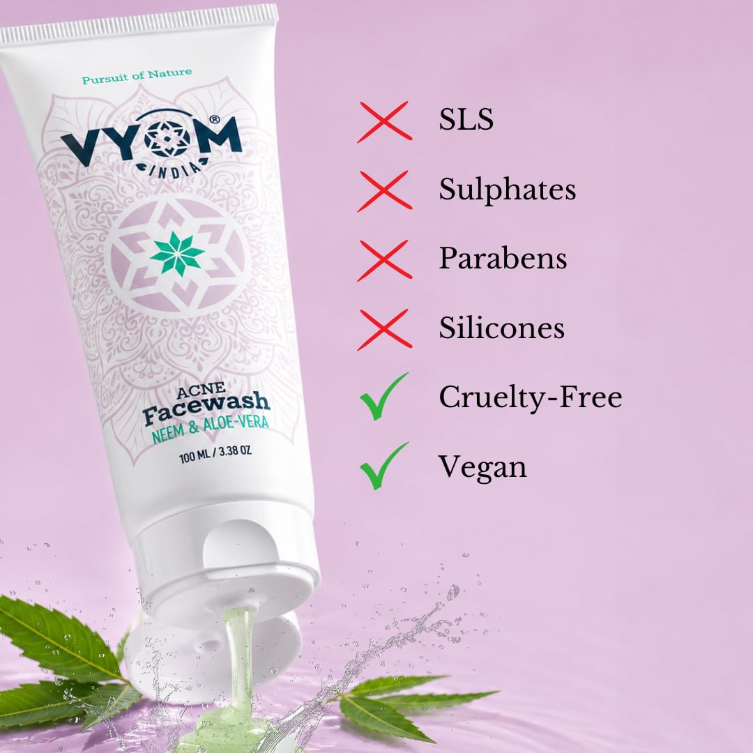 Vyom India Acne Preventive Face Wash 100ml | Neem & Aloe Vera Gel Cleanser | Anti Acne, Pimple Control, Oil Control | Sulphate, Paraben & Silicone Free | Organics & Herbal Face Wash for Men & Women 1