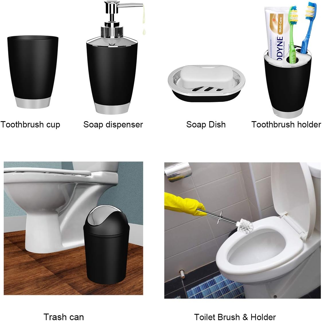 Yasolote Bathroom Accessories Set,6 Pcs Plastic Gift Set with Toothbrush Holder,Toothbrush Cup,Soap Dispenser,Soap Dish,Toilet Brush Holder,Trash Can,Tumbler Straw (Black)