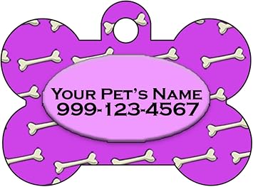 Personalized Dog Tag Pet ID Tag w/Name & Number Colorful Dog Bones Purple