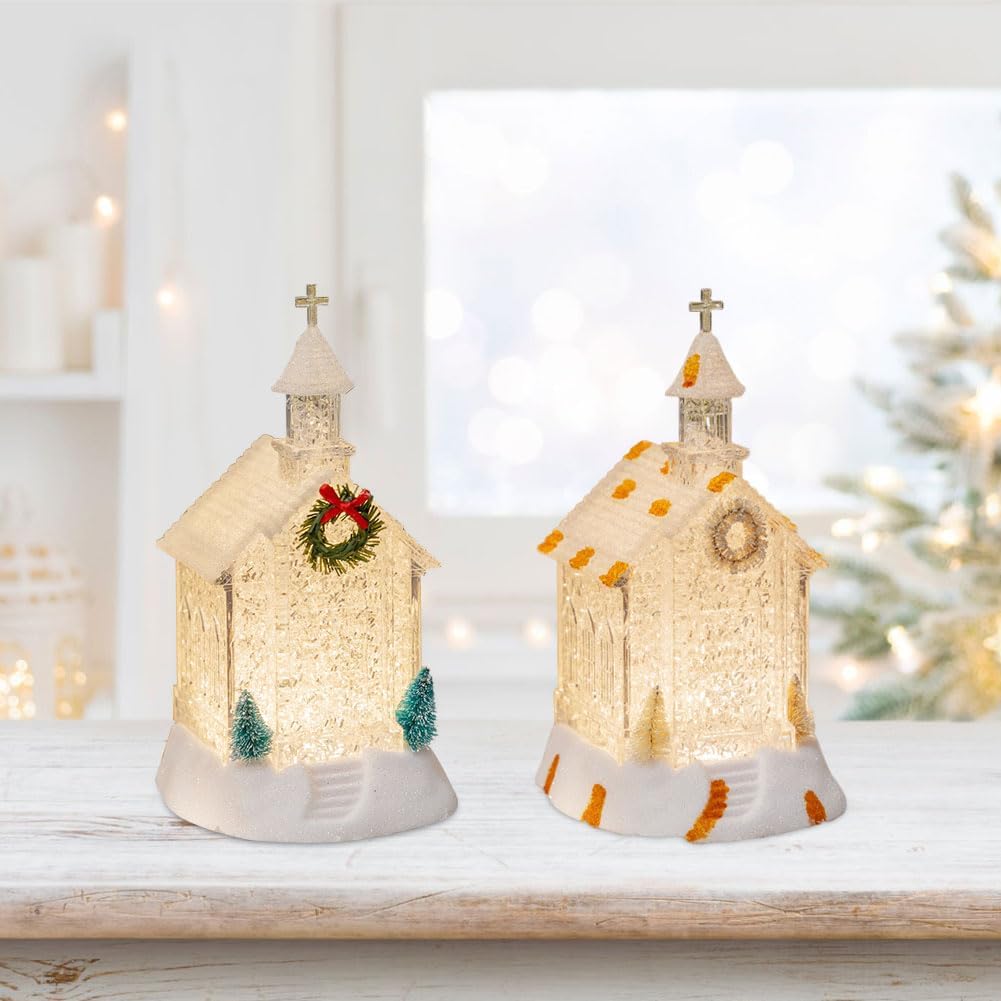 2 Pcs Christmas Lighted Church Houses,8.5 in White Christmas Village House with Led Lights, Trees,Wreath and Cross Steeple,Church Themed Plastic Xmas House Figurines for Mantel Desk Shelf