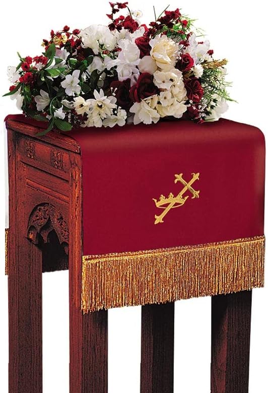 Reversible Table Cloth Embroidered Sanctuary Flower Stand Cover, 14 x 36-Inch, Red/White-Slanting Cross & Crown/Latin Cross