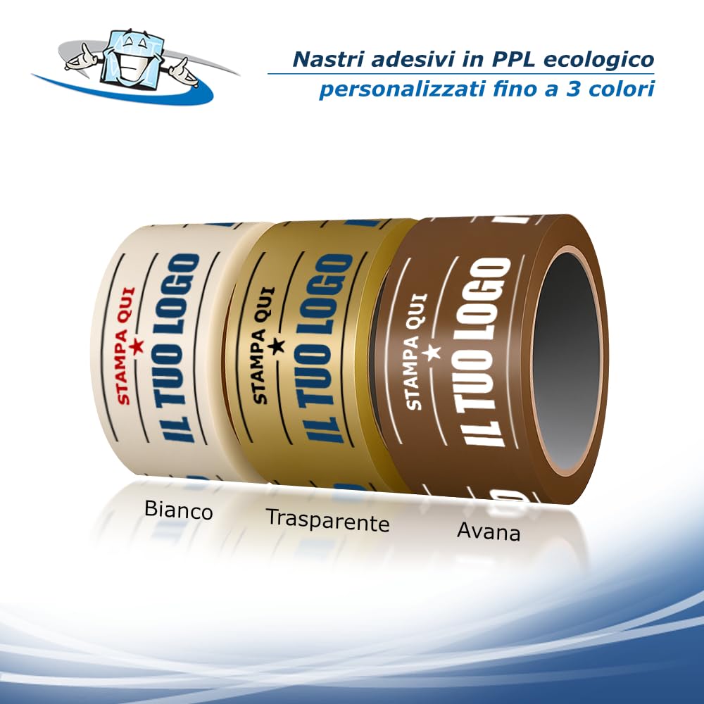 108 Rotoli Nastri Adesivi Personalizzati con Logo 66m x 5cm Ecologici in PPL Biodegradabile Nastro Imballaggio Bianco, Trasparente o Avana Stampa fino a 3 colori