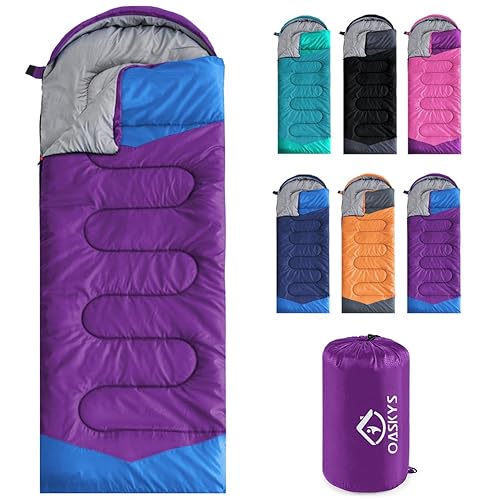 oaskys Camping Sleeping Bag - 3 Season Warm & Cool Weather - Summer Spring Fall Lightweight Waterproof for Adults Kids - Camping Gear Equipment, Traveling, and Outdoors - 50-80°F Everyday 3 Season - Purple