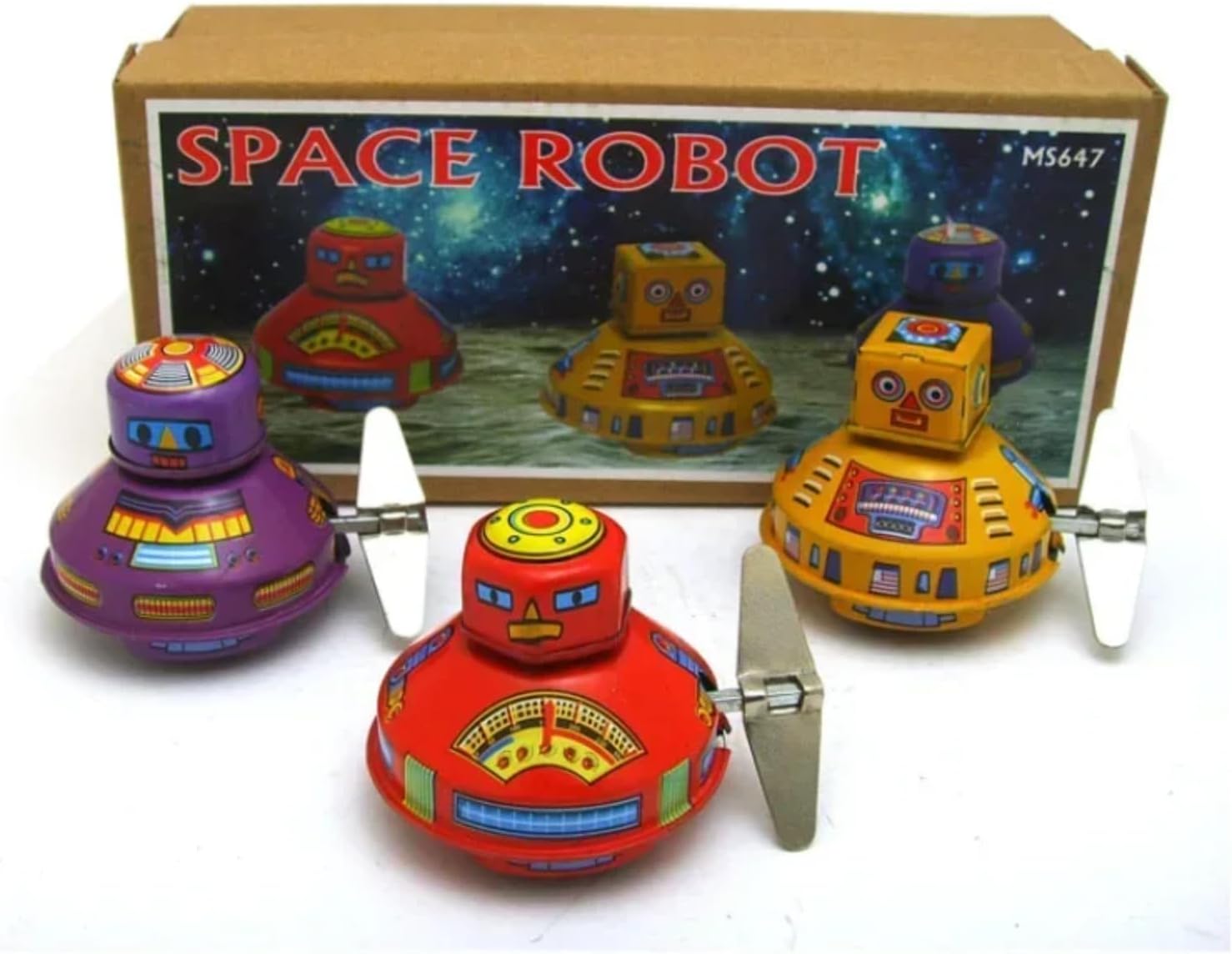 MS647 Tin Toy Space Robot Figury Nostalgic Spring & Wind-Up Walking Astronaut Robots 3pcs Per Set Toy for Collectors