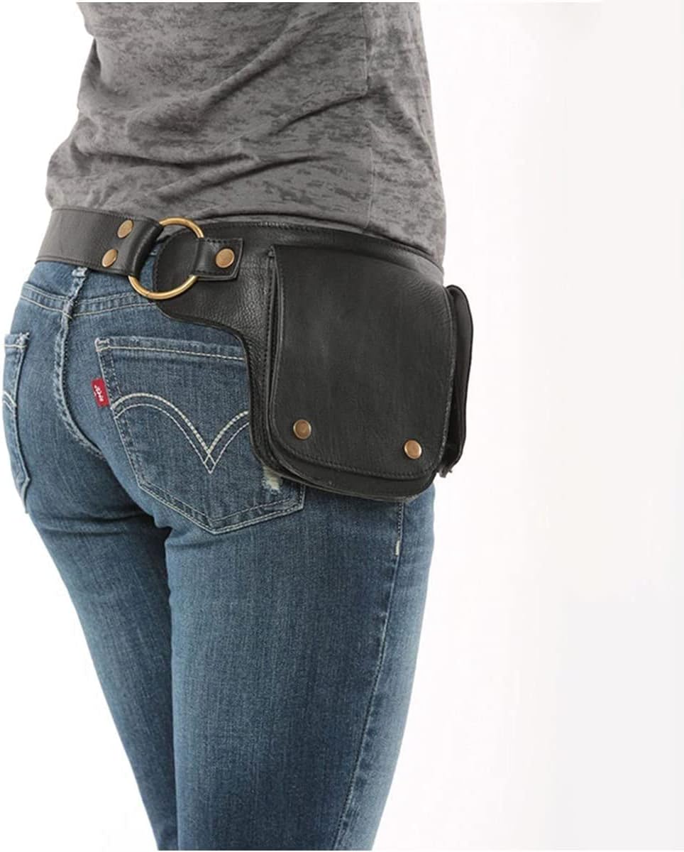 Medieval Women Vintage Belt Bag PU Leather Adjustable Utility Waist Pack, Viking Knight Pirate Cosplay Hip Bag Wallet Outdoor Sports Cell Phone Pocket Adjustable Button Bag