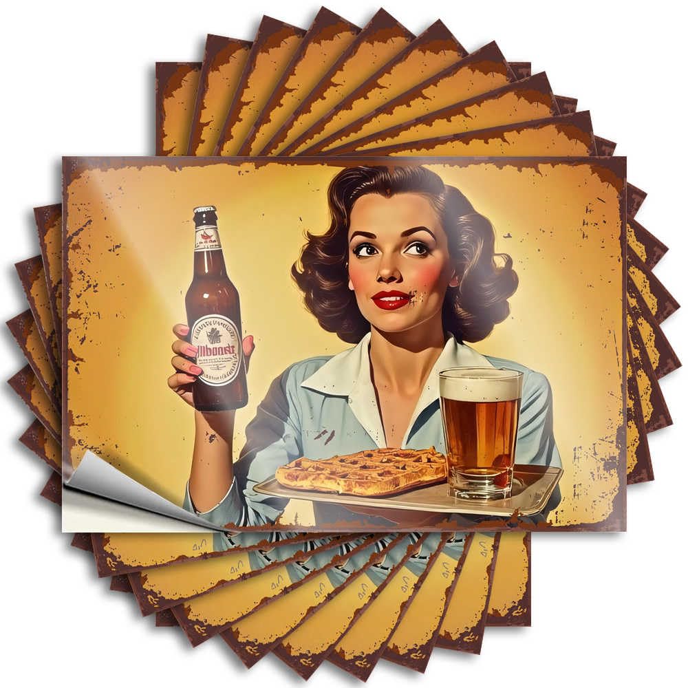 Hot Decals Hat | Vintage Style Woman Enjoying Beer and Waffles Winter Christmas Sticker Pack(8X12CM)