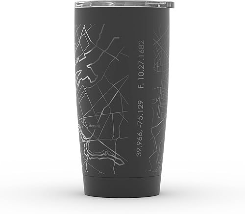 Vista 351 de Well Told Vaso de café aislado con diseño de mapa de Nueva York grabado, taza de acero inoxidable grabada (20 onzas, negro) con aislamiento de mapa