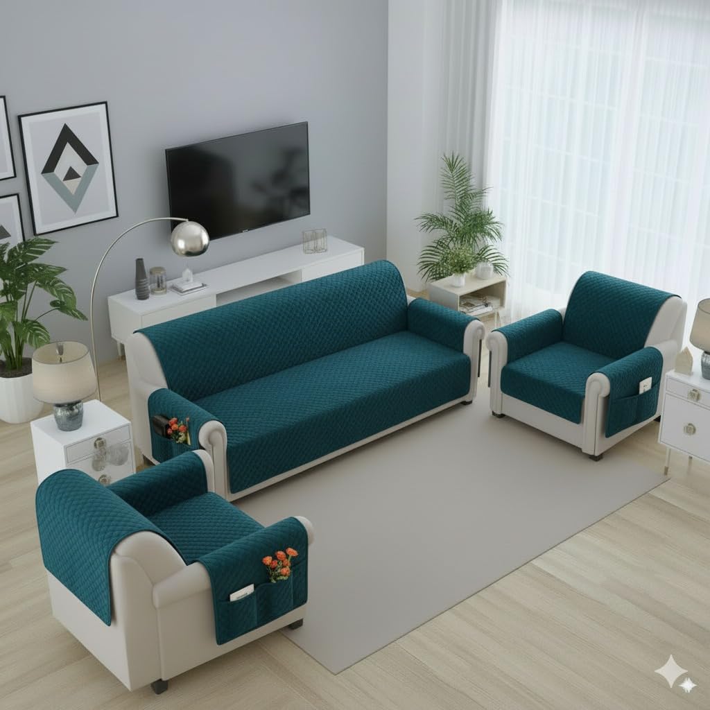 FABRIGAANZA Quilted Sofa Cover for 5 Seater | Premium Armchair Protector | Antislip Backing | Side Pockets | Soft & Washable Fabric | Ideal for Homes with Pets, Kids, Daily Use - Teal-image-40