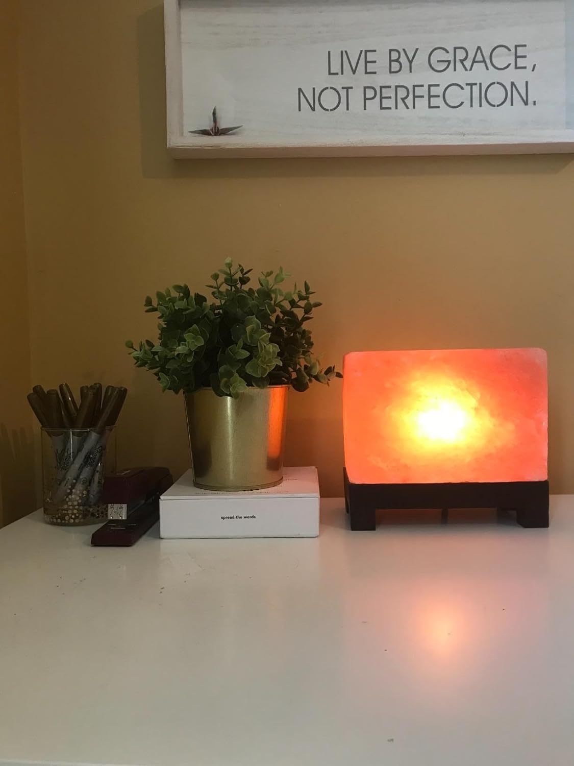 HL Himalayan Pink Salt Lamp 6.5 x 7.5 x 4 Inches – Natural Rectangular Crystal Rock Salt Lamp with Wooden Base, Dimmer Switch & 2 Bulbs – Soothing Amber Night Light for Home & Office