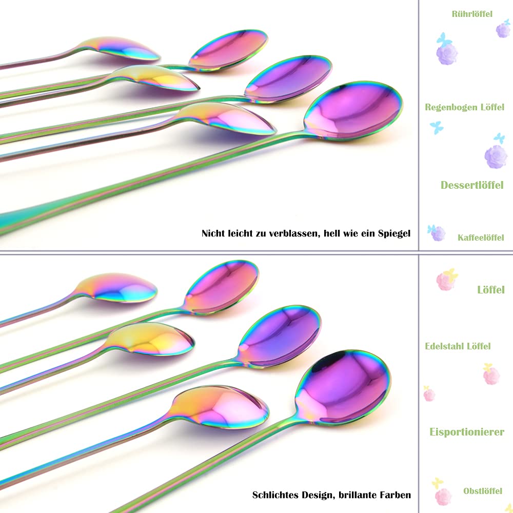 6x Edelstahl Teelöffel Regenbogen - 14cm Kaffeelöffel Spülmaschinenfest