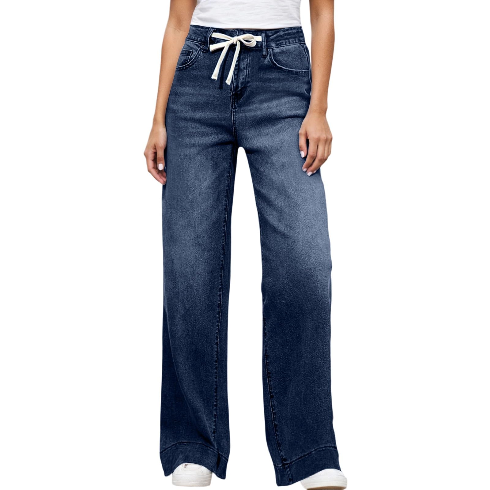 Damen-Jeans mit weitem Bein, lässige, hochtaillierte, Dehnbare, gerade geschnittene Jeans mit Tasche