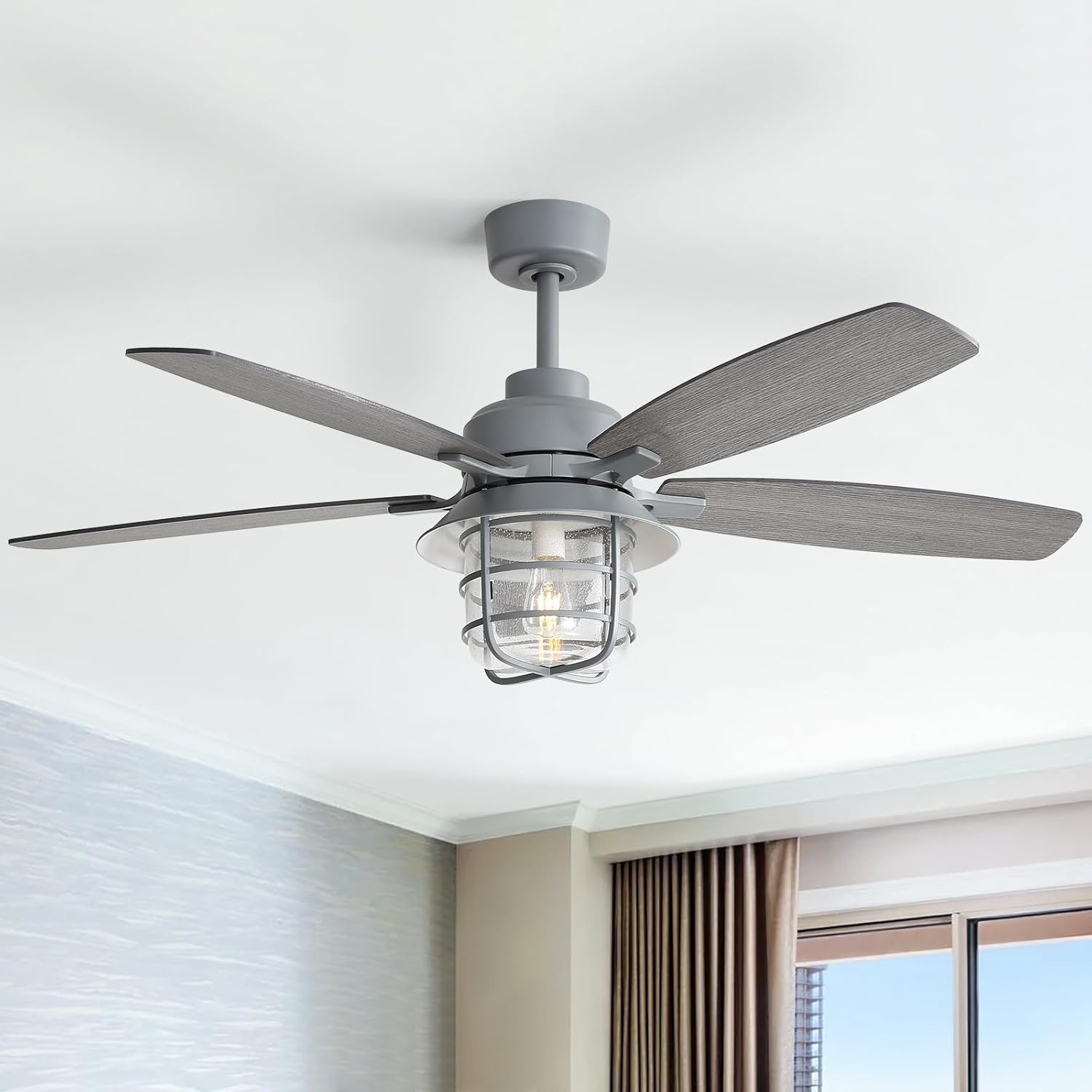 52-Inch Cement Grey Ceiling Fan with E26 Light,Glass Lampshade,5 Plywood Blades,Noiseless DC Motor,6 Wind Speed