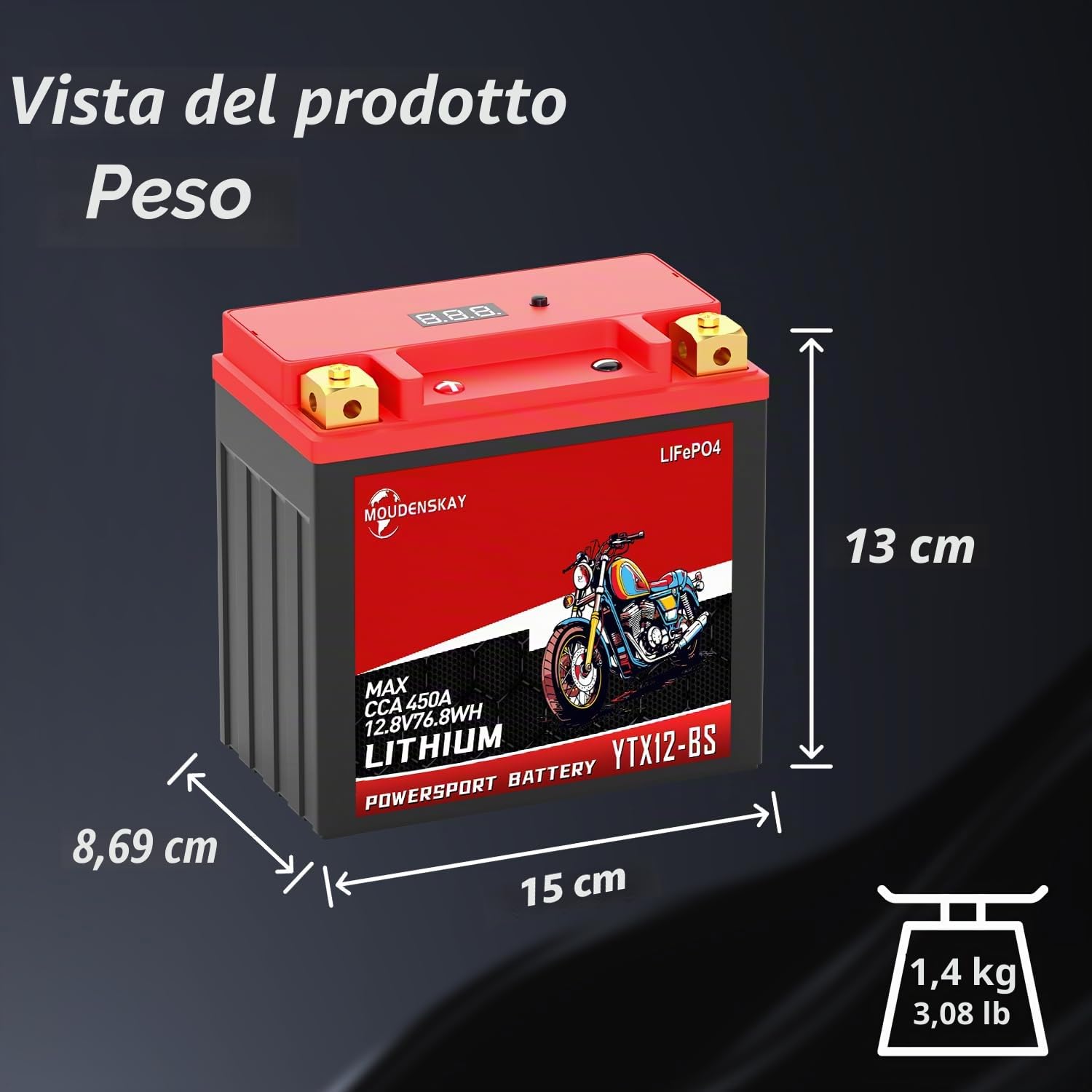 YTX12-BS Batteria Litio Moto 12V Batteria LiFePO4 Moto 12.8V 6AH | Protezione BMS e Schermo 380-450CCA 76.8WH Batteria Moto LiFePO4 per moto,ATV,UTV,veicoli d'acqua, ecc