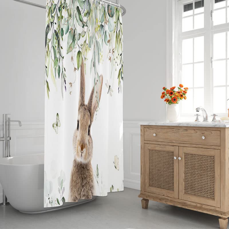 Lofaris Spring Easter Cute Bunny Shower Curtain for Bathroom Watercolor Foliage Butterfly Dragonfly Rustic Farmhouse Rabbit Bathtubs Waterproof Fabric Curtain Set Decor with 12 Hooks 72x72 Inches - image 6