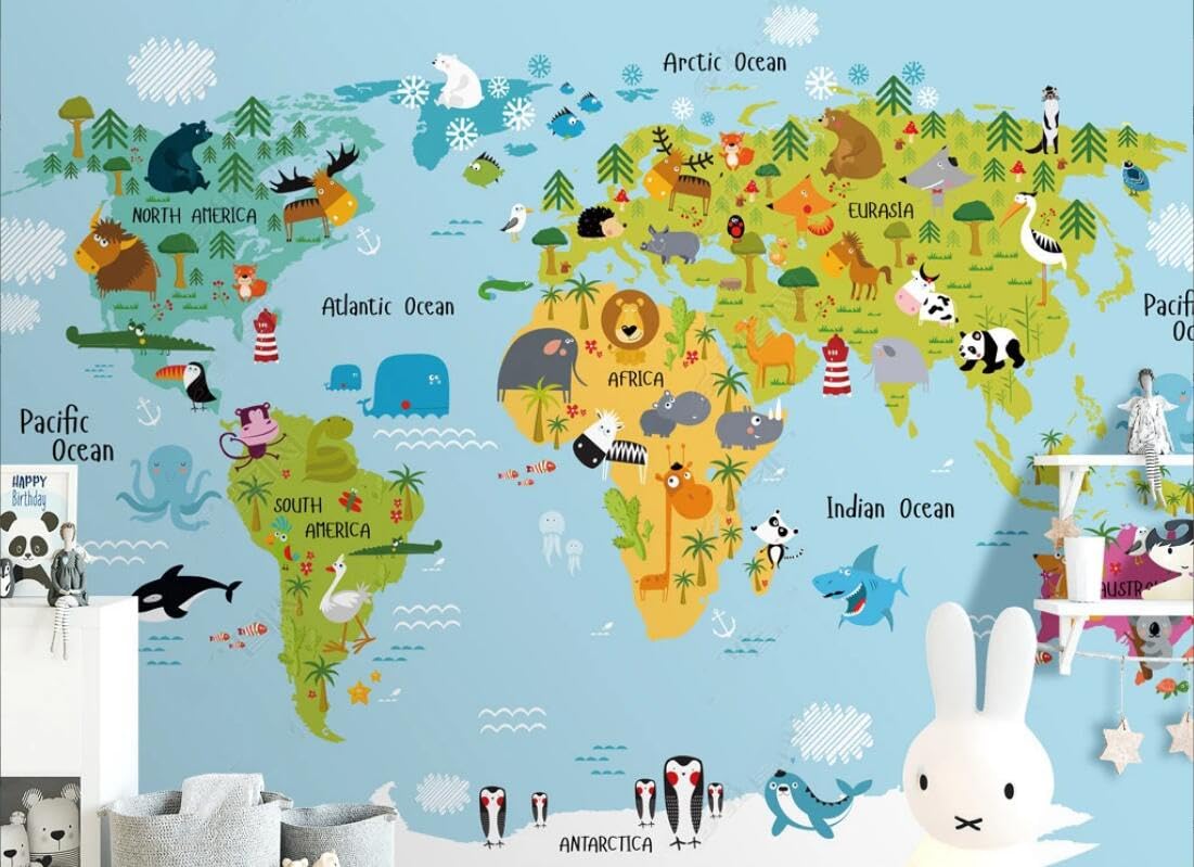 Papel Pintado Mapamundi Fotográfico Tejido No Tejido 3d Mural Fresco Del Paraíso Animal Del Mapa Del Mundo De La Historieta 430cmx300cm Madera Rayas Naturaleza Niña Chicos Fotomurales