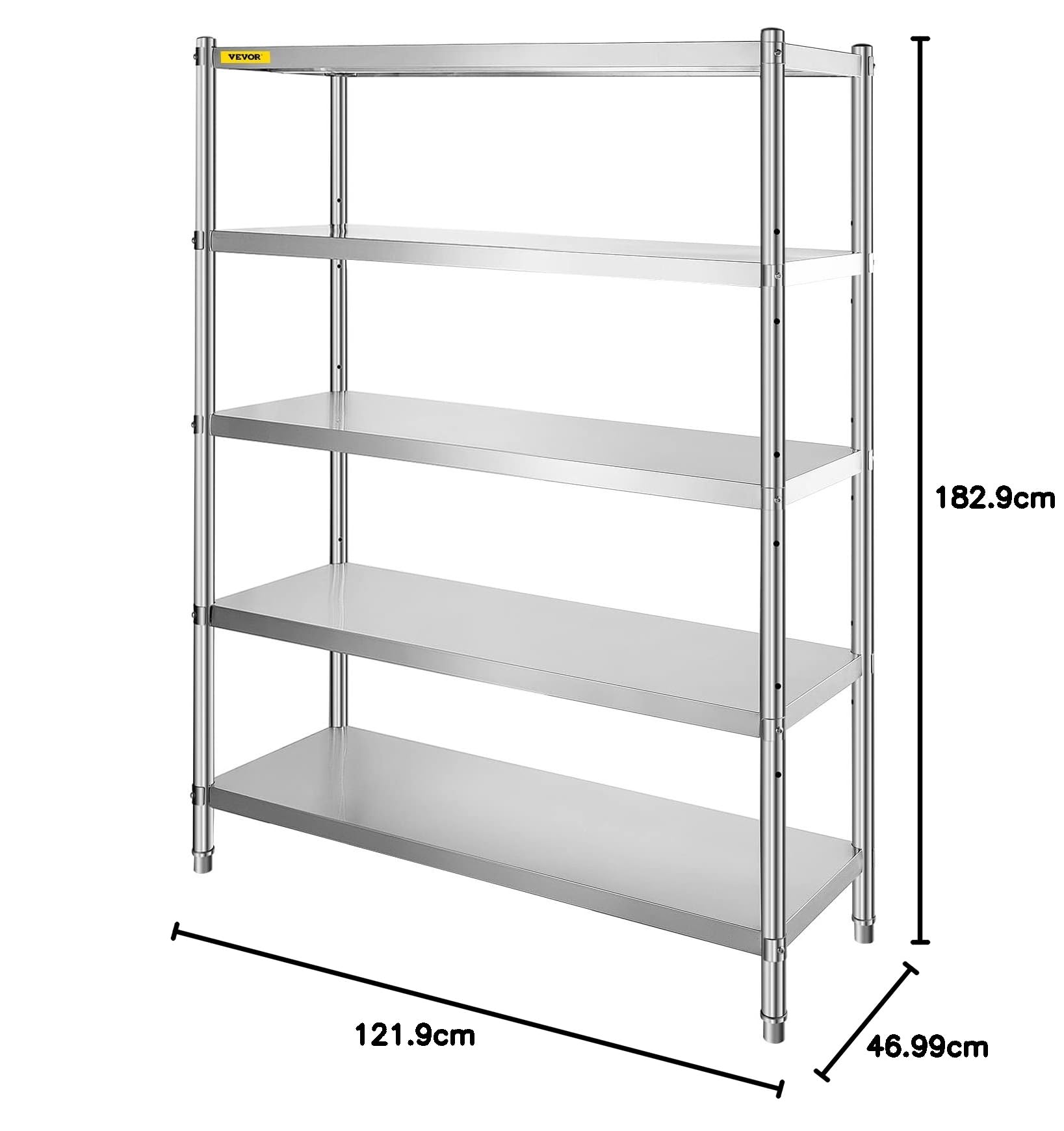 VEVOR Scaffale Robusto 5 Piani in Acciaio Inox 121,9 x 47 x 182,9cm, Capacità 750kg Totale, per Carichi Pesanti, Cucina, Garage, Officina
