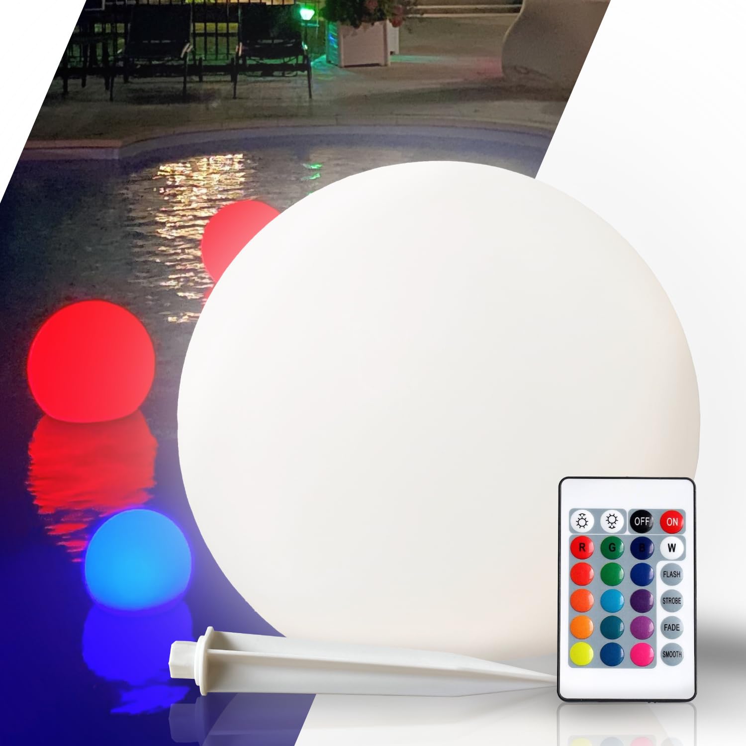 Boule Solaire Multicolore LED – Lampe de Jardin et Piscine Étanche IP67 – Lampe Extérieure Solaire Flottante ou Fixe avec Piquet – 16 Couleurs, Télécommande, 12h d’Autonomie (Ø40 CM)