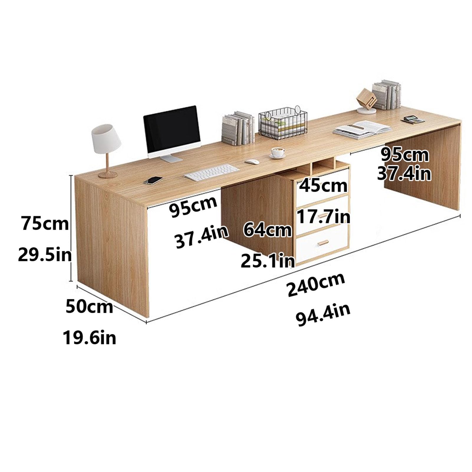 Grande postazione di lavoro doppia in legno con 3 cassetti per casa e ufficio, marrone (240 x 50 x 75 cm)