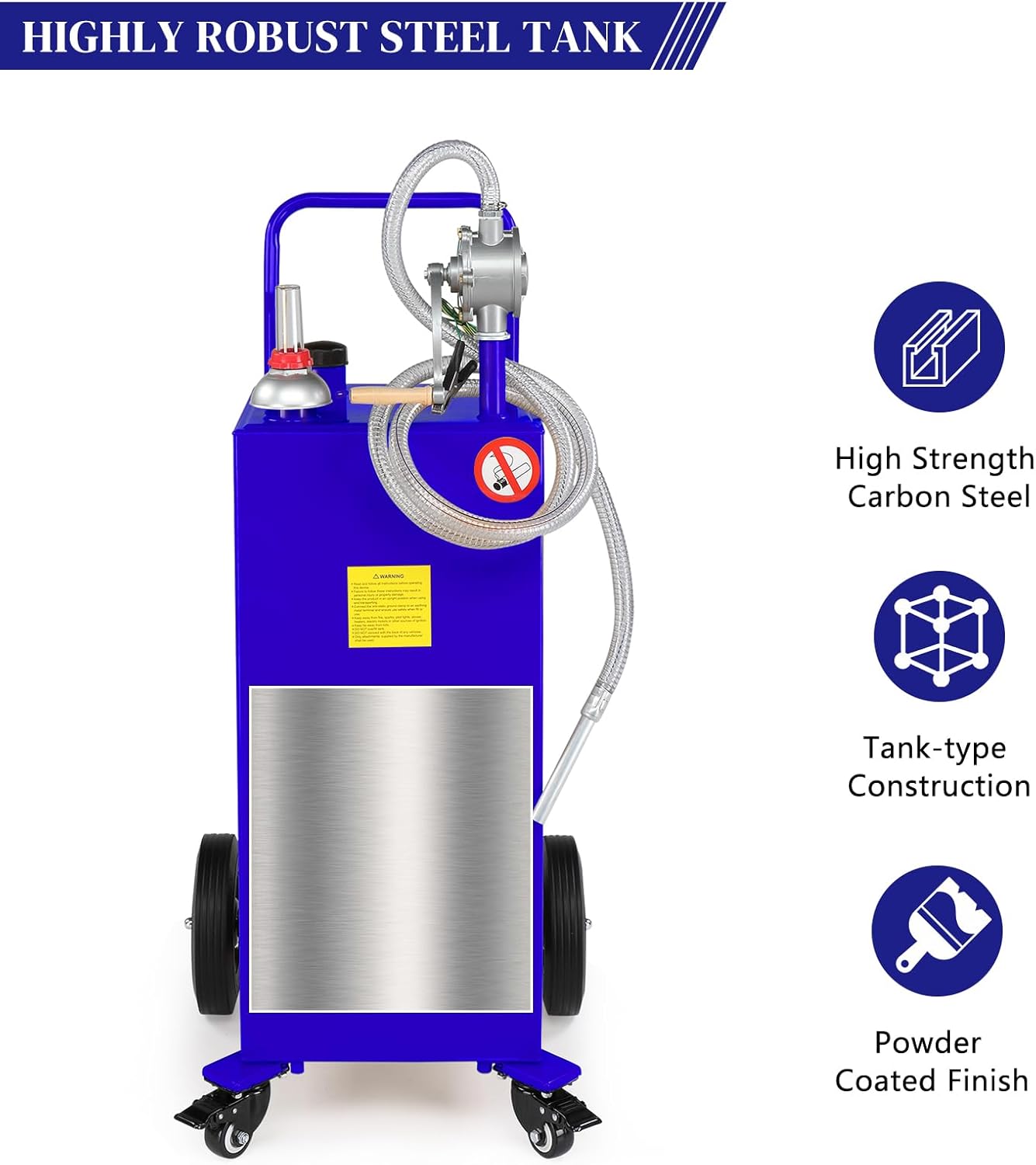 AutoForever 30 Gallon Portable Gas Caddy, Fuel Transfer Tank Gasoline Diesel Storage Can with Rotary Hand Pump and 4 Wheels for Automobiles ATV Car Mowers Tractors (Blue)