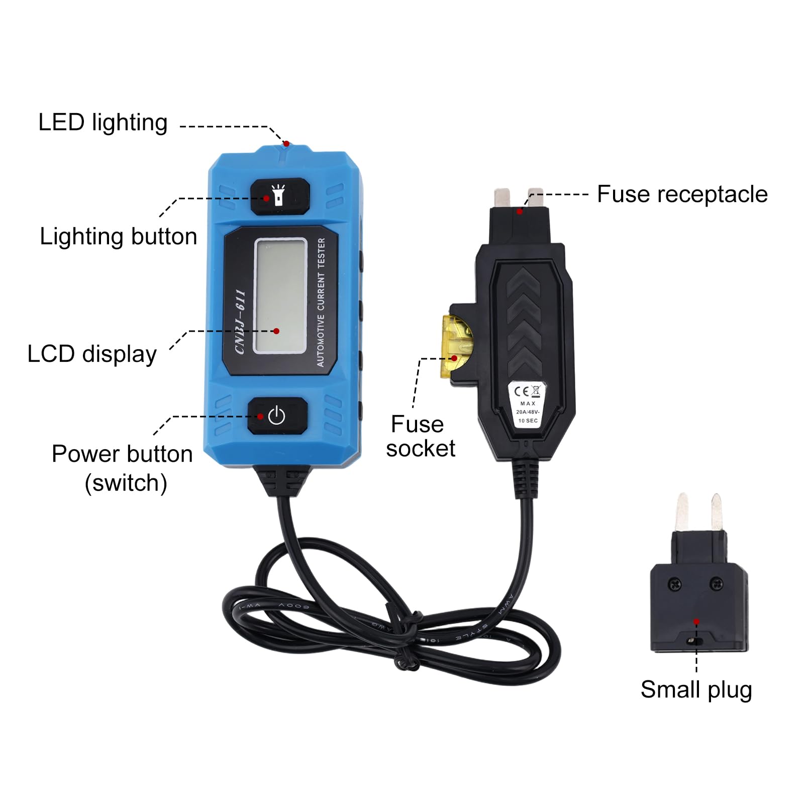Tester Bezpieczników Samochodowych, Precyzyjny Tester Usterek Obwodów Samochodowych 20A 48V 2 w 1 Śledzenia Obwodów i Lokalizowania Zwarć Wyświetlaczem LED i Reflektorem