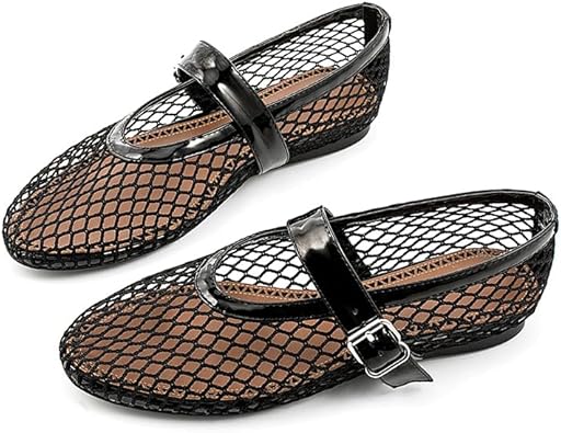 Mesh Ballet Flats for Womens Fishnet Mary Janes Flats Buckle Strap Comfy Casual Office Ballerina Flat Shoes