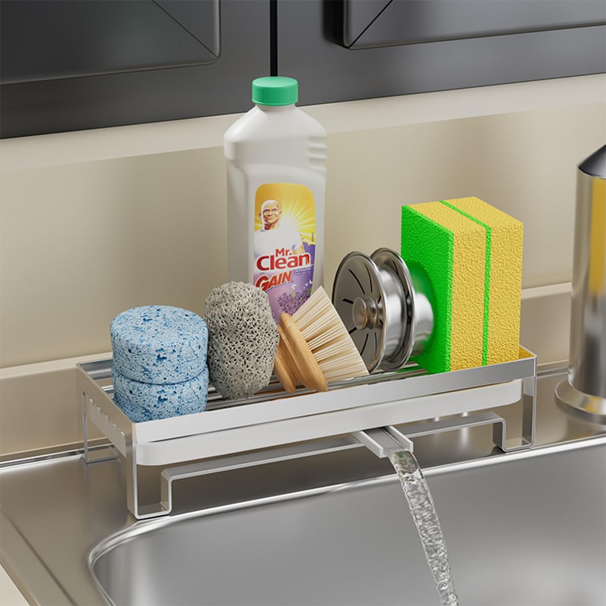 Sink Caddy Organizer, Stainless Steel Kitchen Sponge Holder, Silver, Auto-Drain Design, Countertop Storage Shelf, 9.6x3.3x2.1 Inches