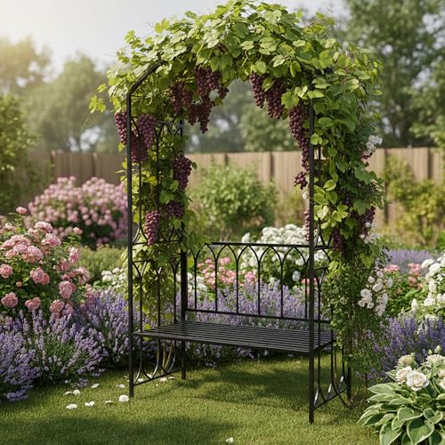 Arco de rosas con banco Relaxdays para jardín negro de metal 3