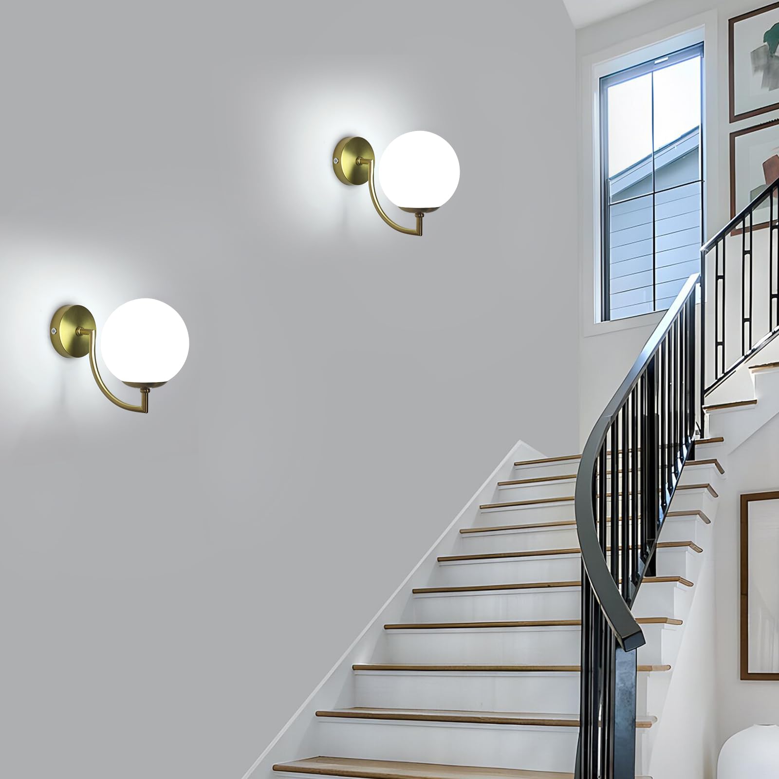 Goeco Applique da Parete Interno Oro, E27 Lampada da Parete di Sfera Vetro Moderna, Lampada a Muro a Forma di Lanterna per Camera da letto, Soggiorno, Corridoio, Senza Lampadina, Paralume Dia.15 cm