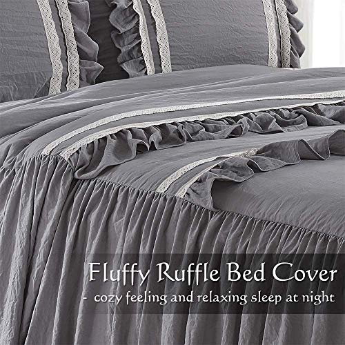 Hig 3 Piece Ruffle Skirt Bedspread Set Queen - Gray Color 30 Inches Drop Ruffled Style Bed Skirt Coverlets Bedspreads Dust Ruffles - Emma Bedding Collections Queen Size - 1 Bedspread, 2 Standard Shams #TOP4