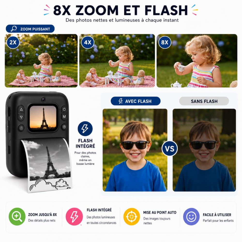 Appareil Photo Instantané Enfant, 2'' Écran HD Impression Immédiate sans Encre avec 4 Rouleaux d'impression Jeux Intégrés et Dessins Cadeau Enfants & Ados 3 à 12 Ans (Noir)
