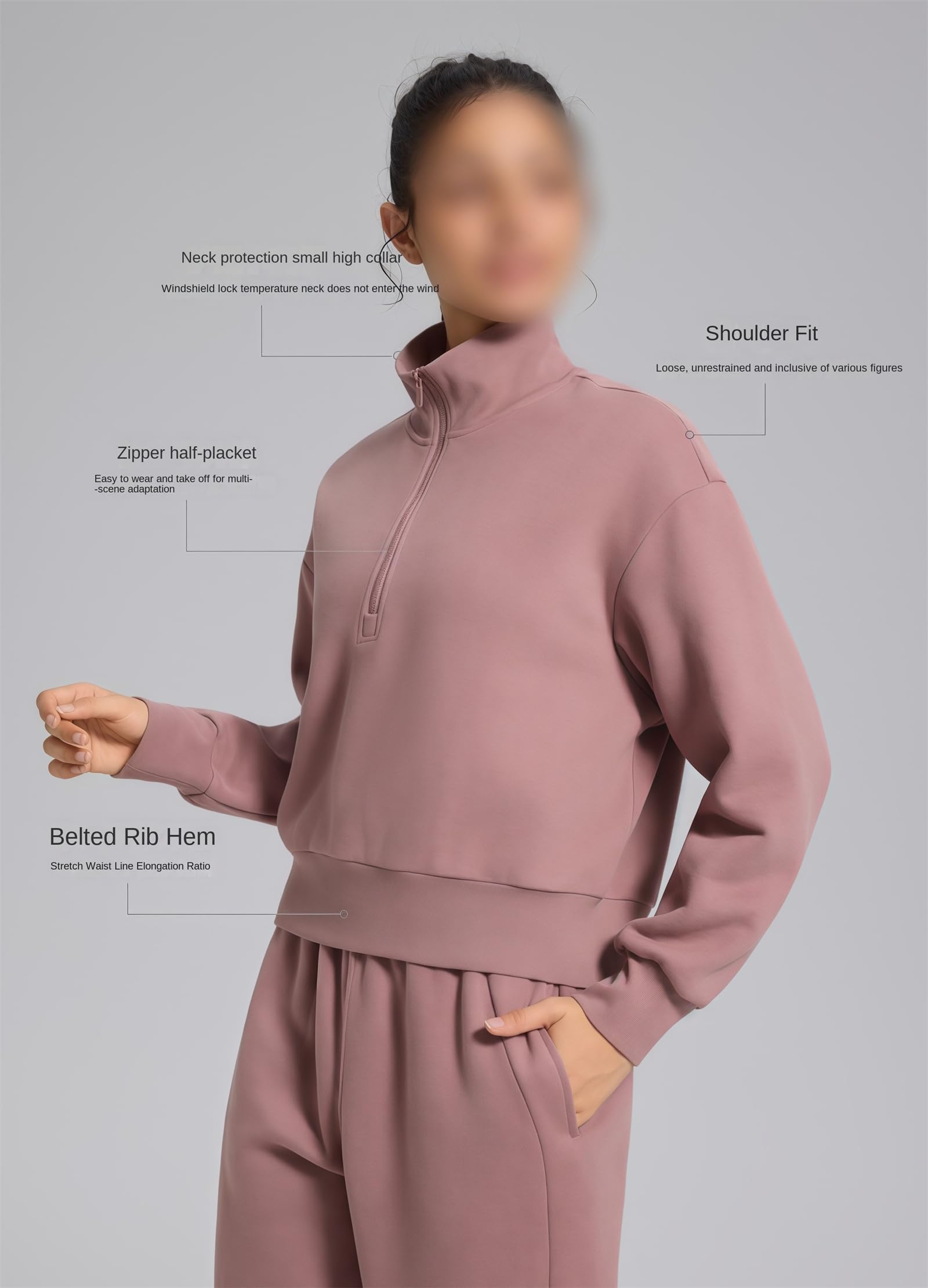 Sudadera con forro polar de algodón con media cremallera para mujer, cuello alto falso, manga larga, sudadera corta para mujer.