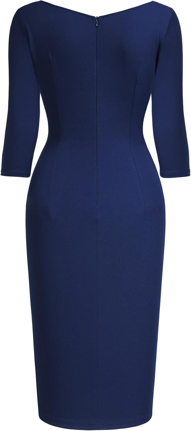 AISIZE Women's Retro 3/4 Sleeve Ruched Elegant Business Pencil Sheath Dress - Image 5