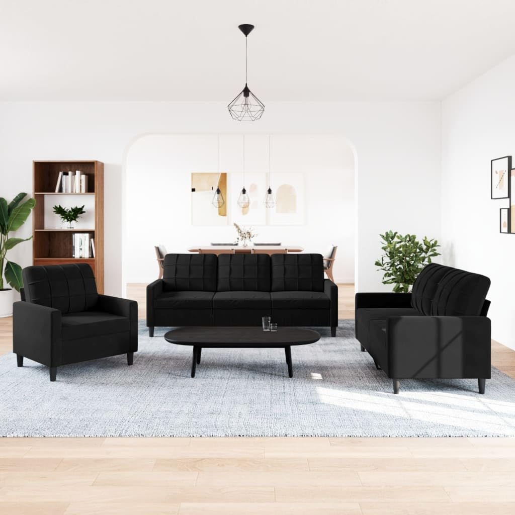 Juego de sofá de 3 piezas, terciopelo negro, estructura de metal, diseño moderno, acolchado suave, experiencia de asiento cómoda, sala de estar, oficina, recepción