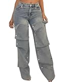 Womens High Waisted Baggy Straight Leg Jeans Y2K Detachable Patchwork Asymmetrical Denim Pants Streetwear