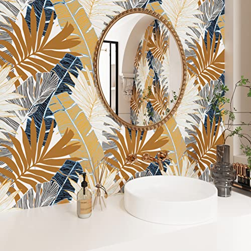 Wallercity Tropical Botanical Leaf Wallpaper Brown Plant Floral Wallpapers For Living Room Bedroom Peel And Stick Wallpaper 17.5" X78.7" Blue Gray Leaves Contact Paper Self Adhesive Vinyl Wallpaper #TOP1