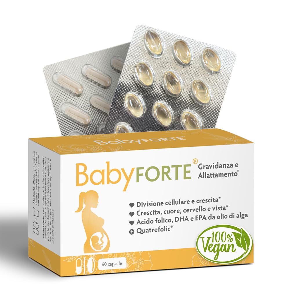 BabyFORTE® Vitamine Gravidanza Integratore | Vegano | 60 Capsule | acido folico + 17 Nutrienti - Omega 3 DHA EPA | Allattamento