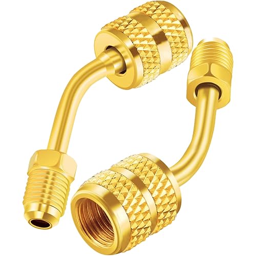 Zoizocp R410a Charging Vacuum Port Adapter Brass Converter with Thimble 5/16 Inch Female Quick Coupler to 1/4 Inch Male Flare for Mini Split System Air Conditioner HVAC (2 Angled Adapter)