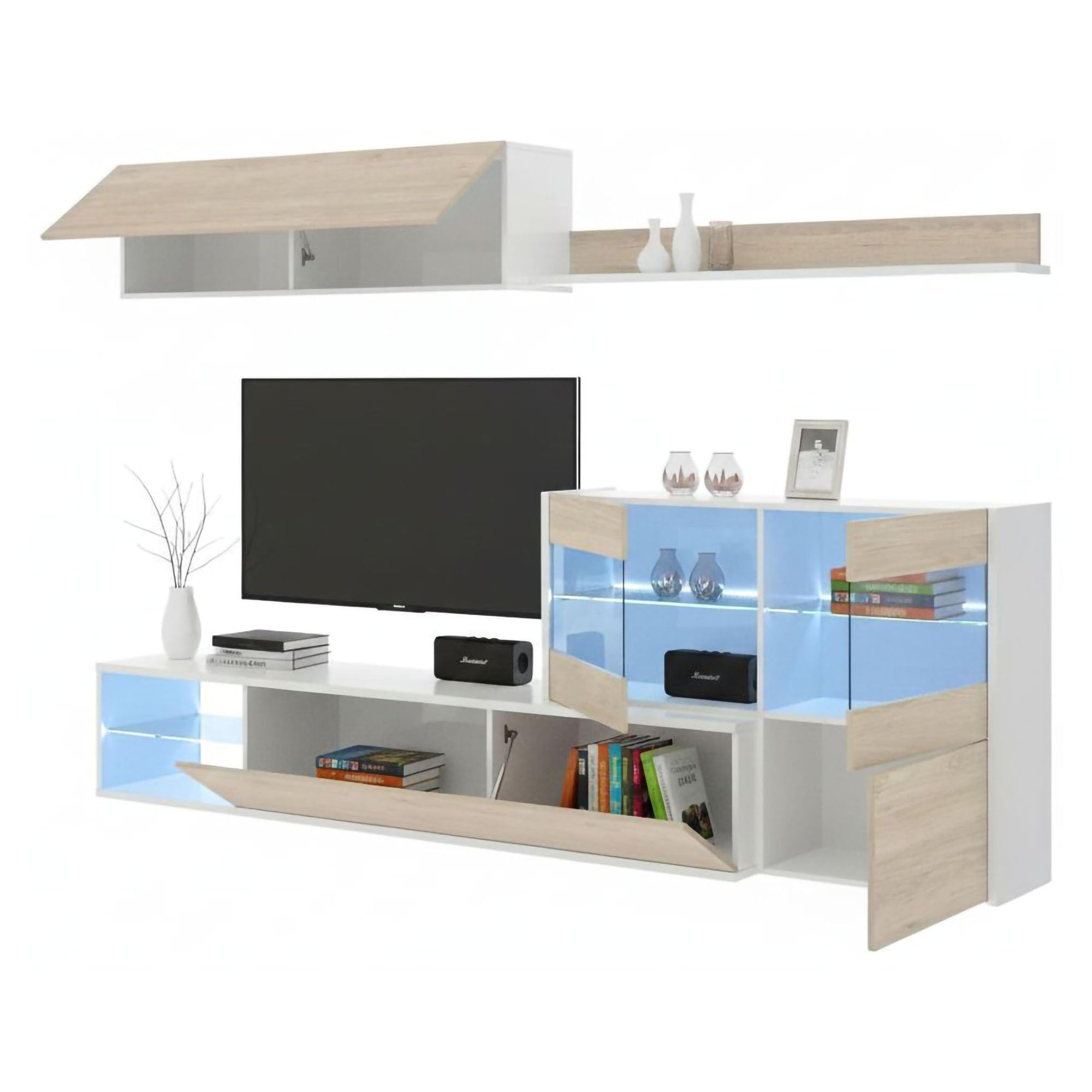 Dmora Parete Attrezzata Adams 41x260x180h cm Marrone Rovere 9 Ripiani Modulabile, Apertura Battente e a Ribalta