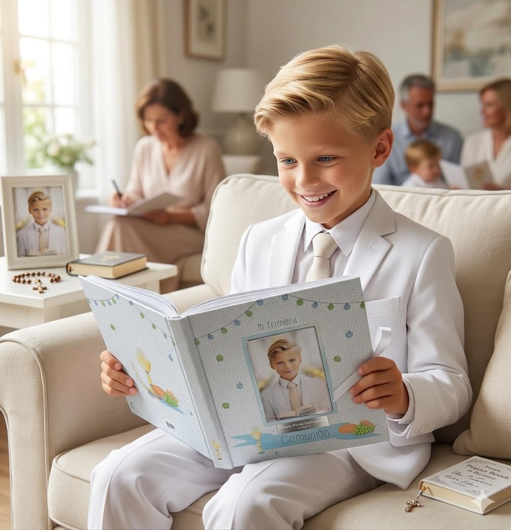 Libro de Comunión para Firmas Personalizado con Nombre y Fecha - Libro de Firmas y Fotos con Placa Grabada (Azul) - 4