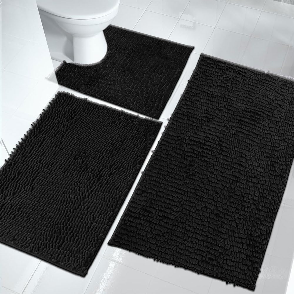 U-Shaped Toile Bathroom Rugs Sets 3 Piece, Non Slip, Extra Absorbent, Bathroom Rugs and Mats Sets, Soft & Dry Bath Rug/Mat Sets for Bathroom Washable Carpets Set (Black)