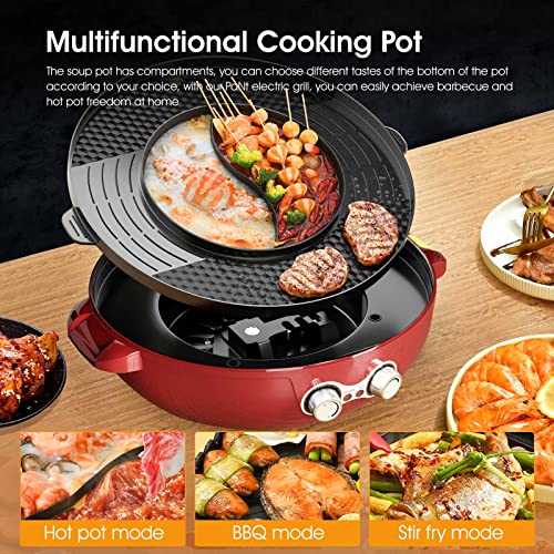 Ankyne Hot Pot With Grill, Electric Hot Pot With Dual Temperature Control, Hotpot Pot Electric Grill Shabu Shabu Pot Korean Bbq Grill Smokeless For Simmer, Boil, Fry, Roast, Red #TOP1
