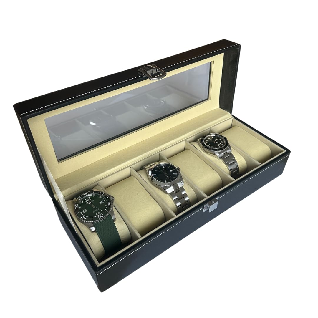 NFBCXUTKW Watch Box 2/4/8 Slots, Black, Watch Display Case, Watch Storage Box with Removable Cushion, Metal Clasp, PU Leather, Jewellery Box, Watch Box for Men, Gift Idea for Men (6 Slots)