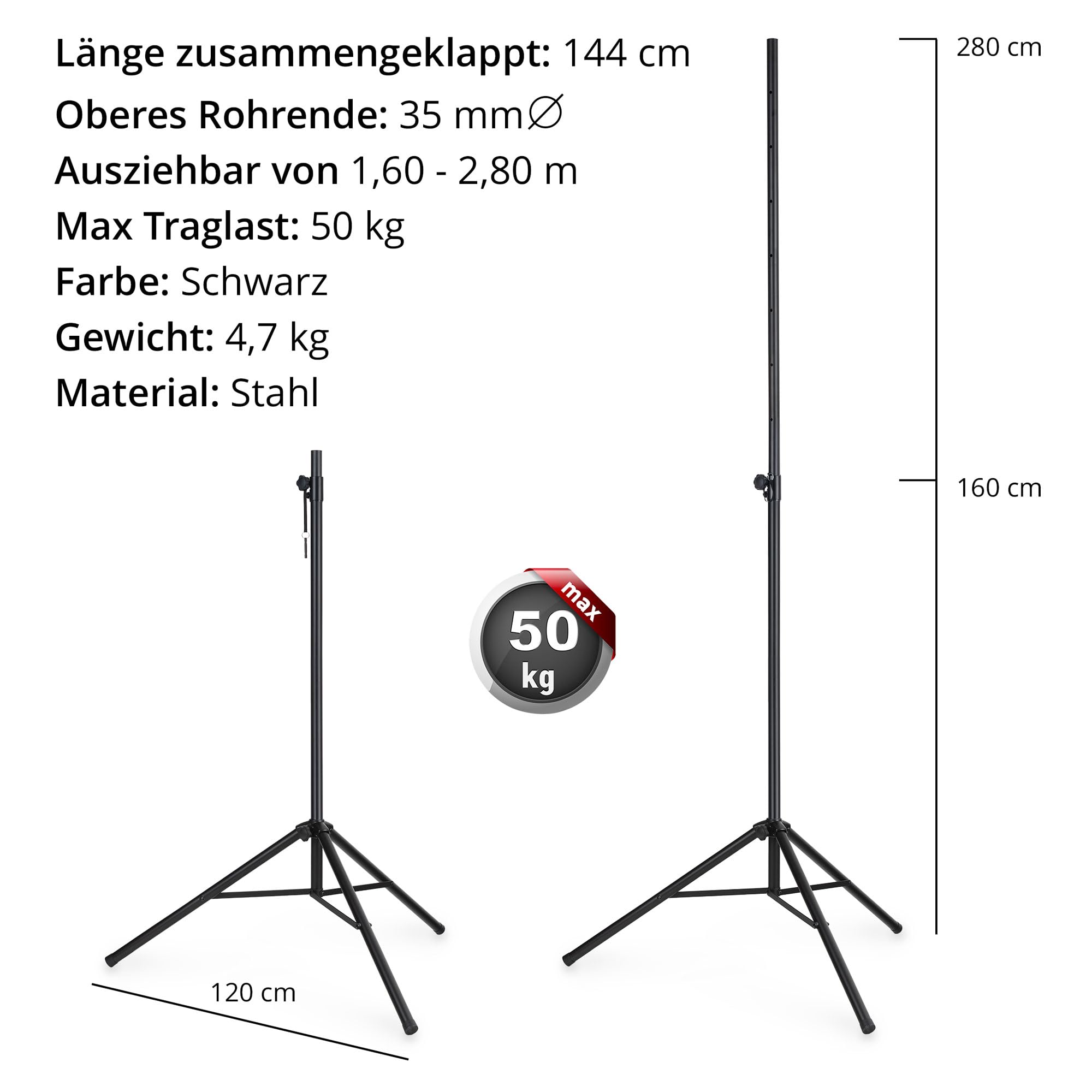 Showlite LS-270S Supporto Per Luci 2,7 m Set Da 2 - Estraibile Facilmente - Portata Massima: 50 kg - Estraibile Da 1,5 A 2,7 m - Diametro Tubo: 35 mm Ø - Materiale: Acciaio - Nero