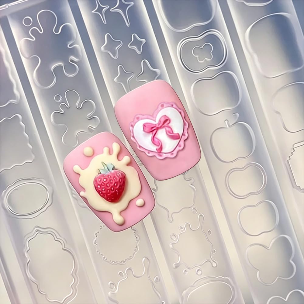 Irregular Border Frame Silicone Nail Molds Carving Template 3D Gel Nail Art Mold Cute Dialogue Box Fruit Cloud Star Heart Butterfly Nails Charms Resin Mold Manicure Decorations Tool Nails Accessories